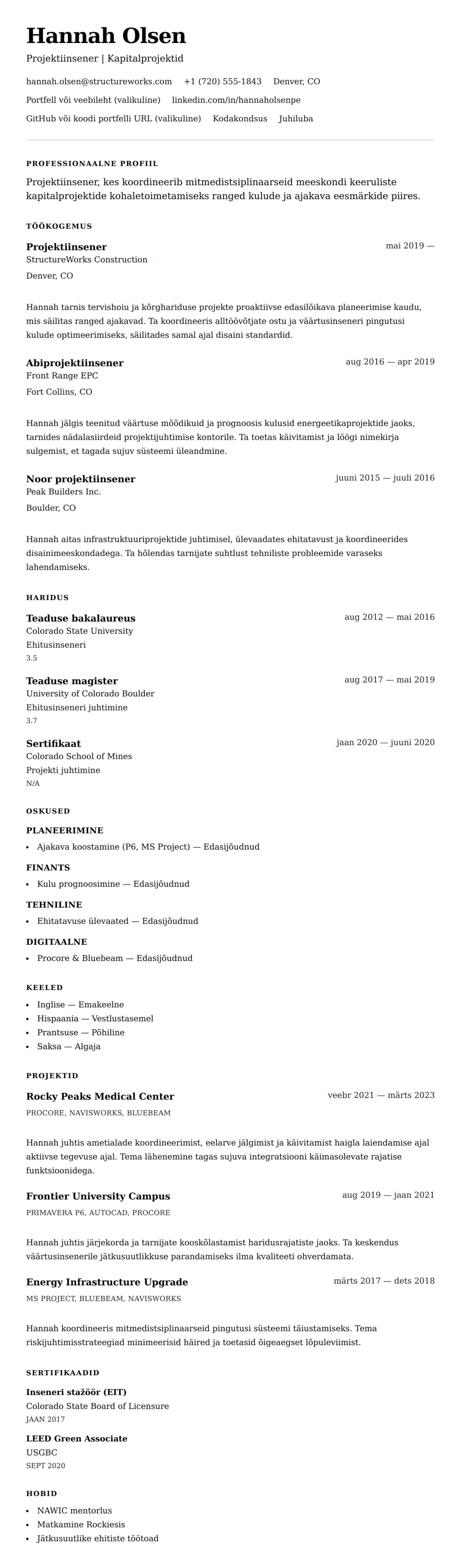CV eelvaade Projektiinseneri CV näide jaoks
