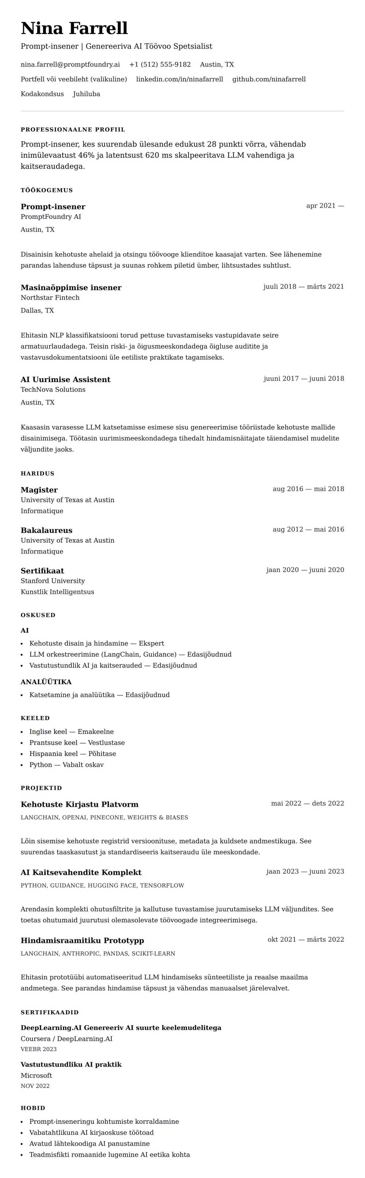 CV eelvaade Prompt-inseneri elulookirjelduse näide jaoks