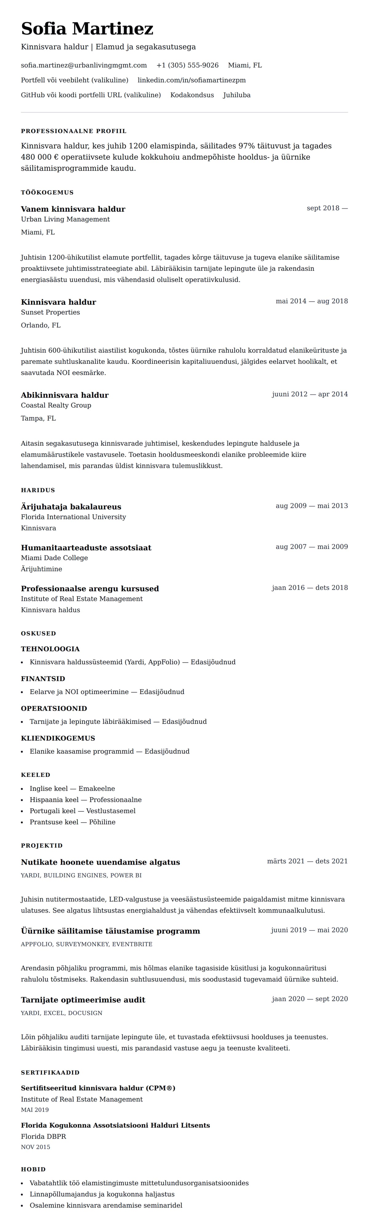 CV eelvaade Kinnisvara halduri CV näidis jaoks