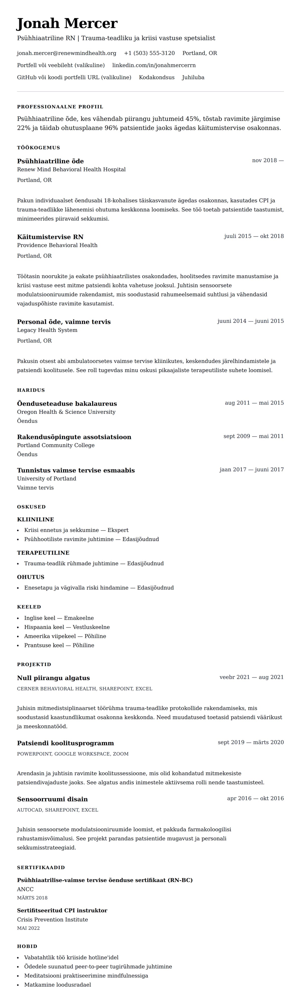 CV eelvaade Psühhiaatrilise õe CV näidis jaoks