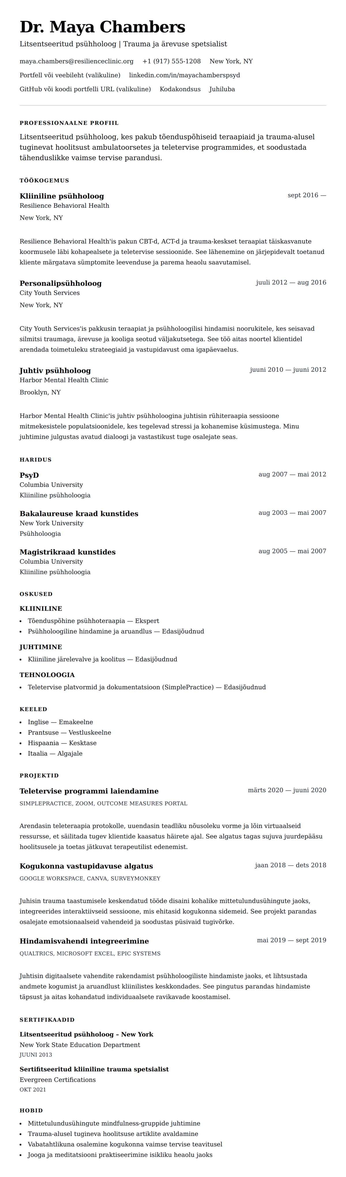 CV eelvaade Psühholoogi CV näidis jaoks