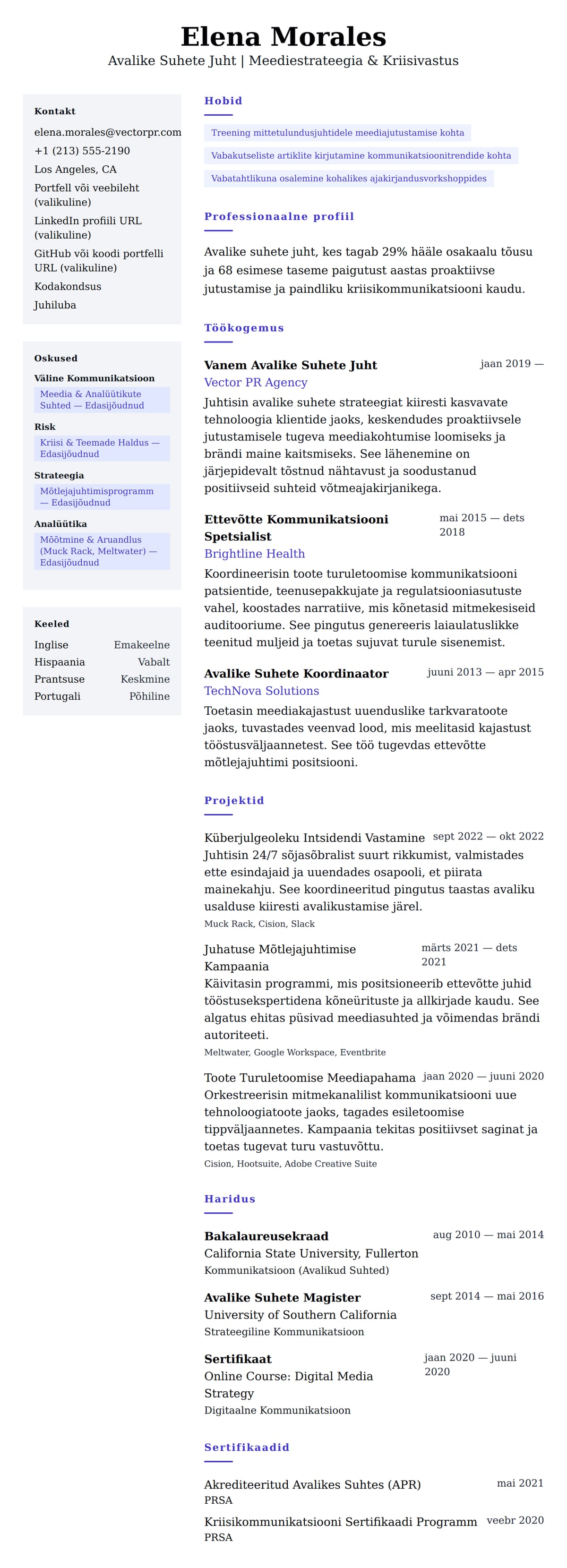 CV eelvaade Avalike Suhete Juhi CV Näidis jaoks