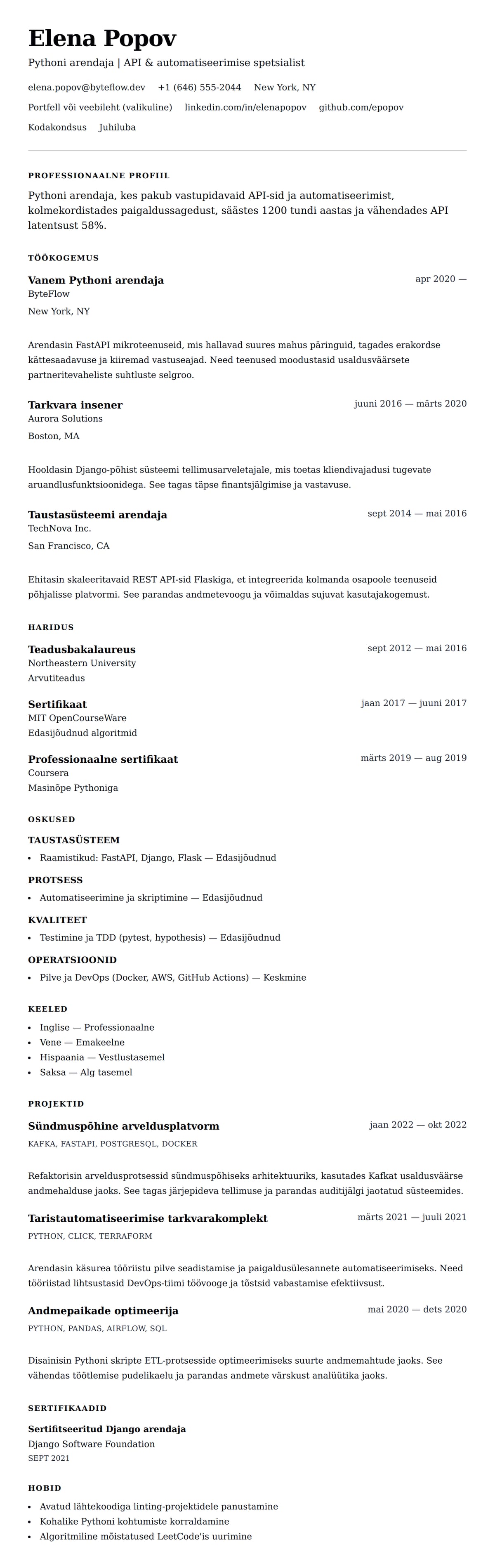 CV eelvaade Pythoni arendaja CV näide jaoks