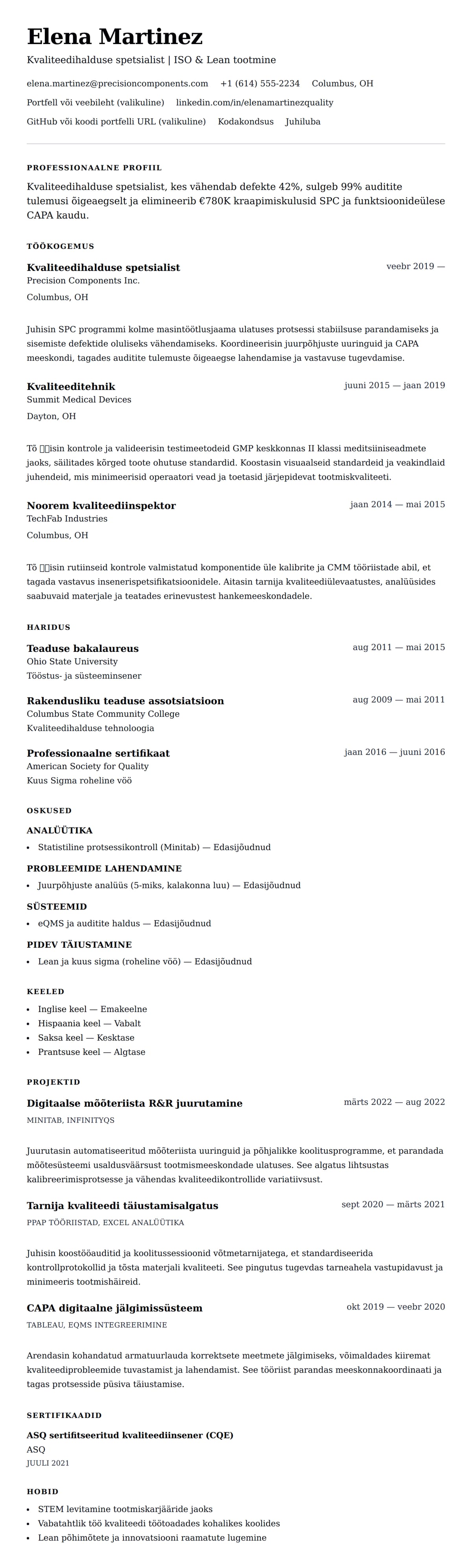 CV eelvaade Kvaliteedihalduse spetsialisti CV näidis jaoks