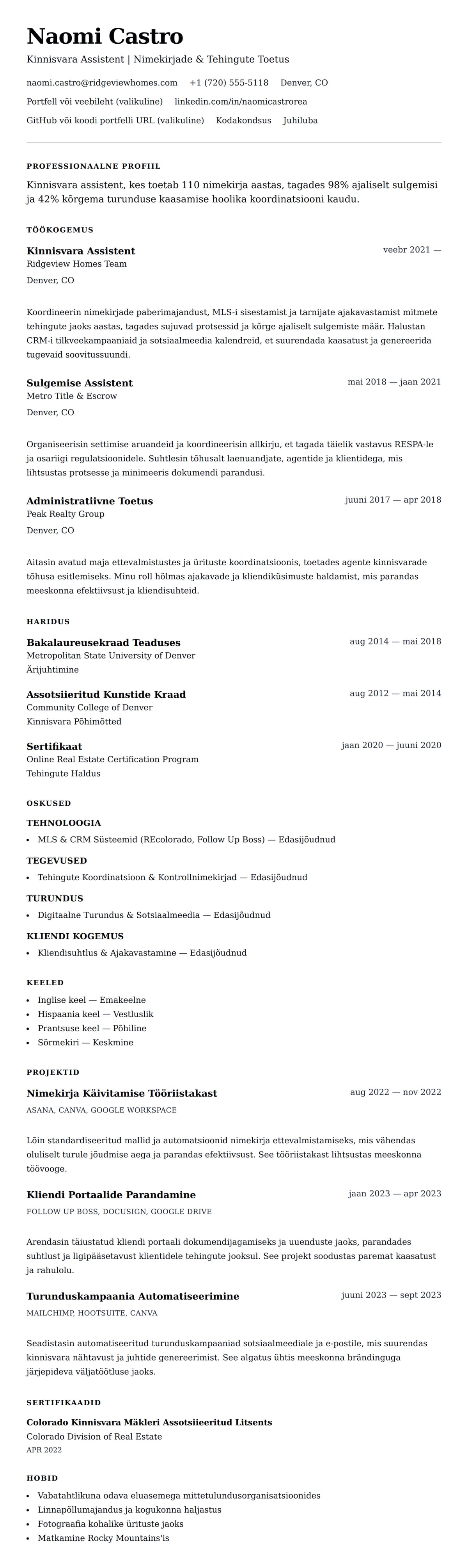 CV eelvaade Kinnisvara Assistent CV Näidis jaoks