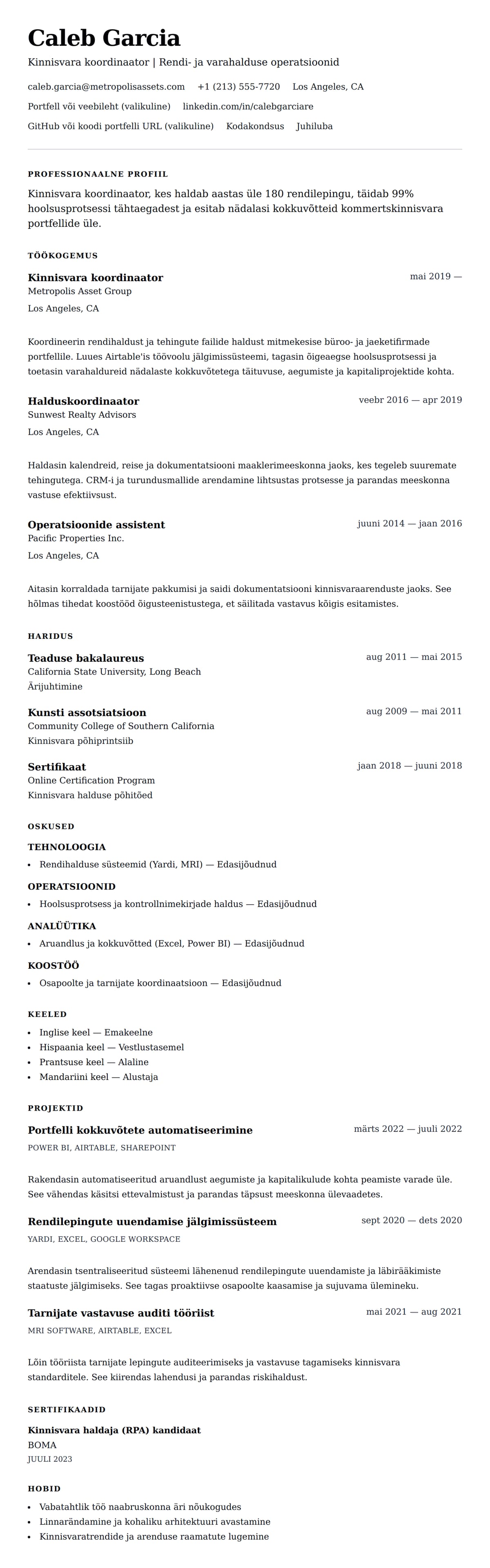 CV eelvaade Kinnisvara koordinaatori CV näide jaoks