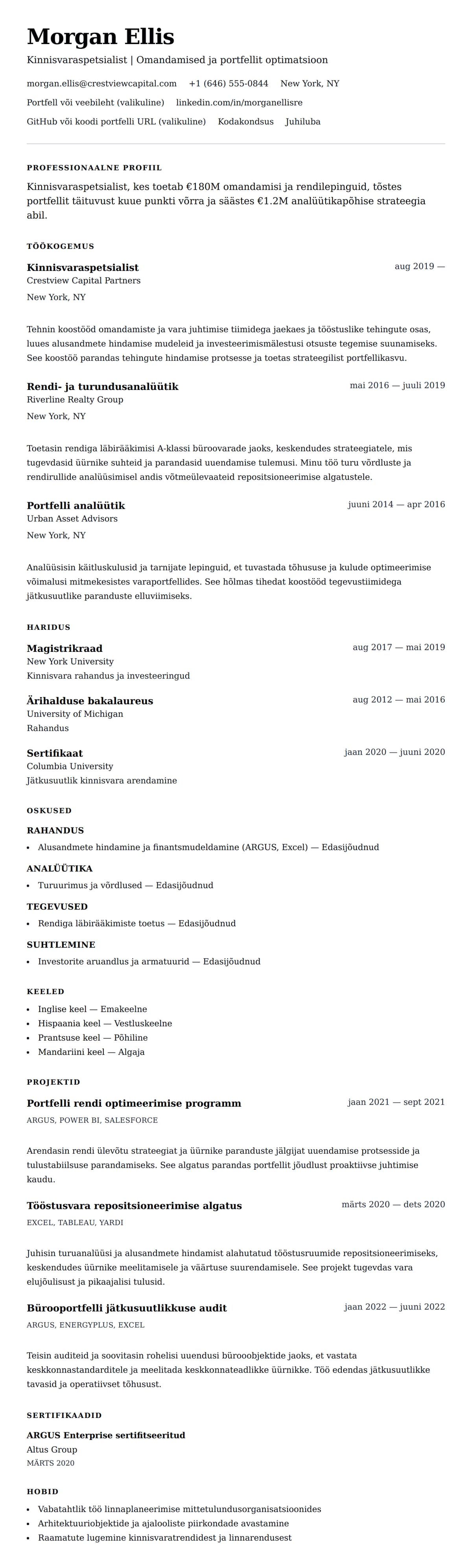 CV eelvaade Kinnisvaraspetsialisti CV näide jaoks