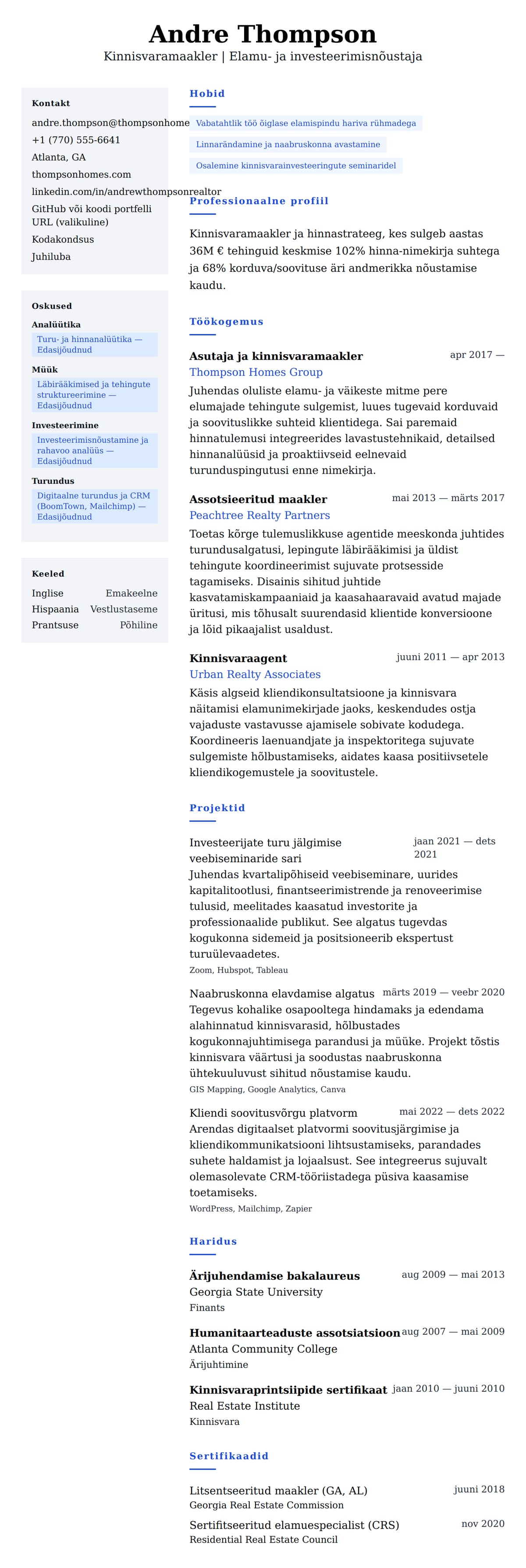 CV eelvaade Kinnisvaramaakleri CV näide jaoks