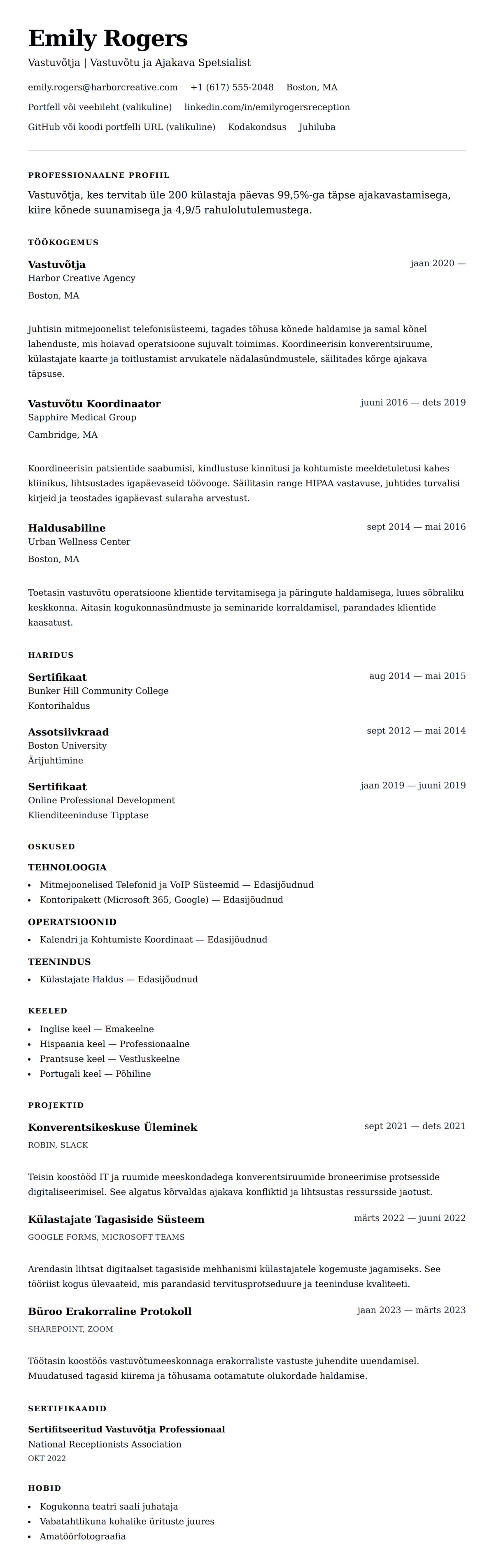 CV eelvaade Vastuvõtja CV Näide jaoks