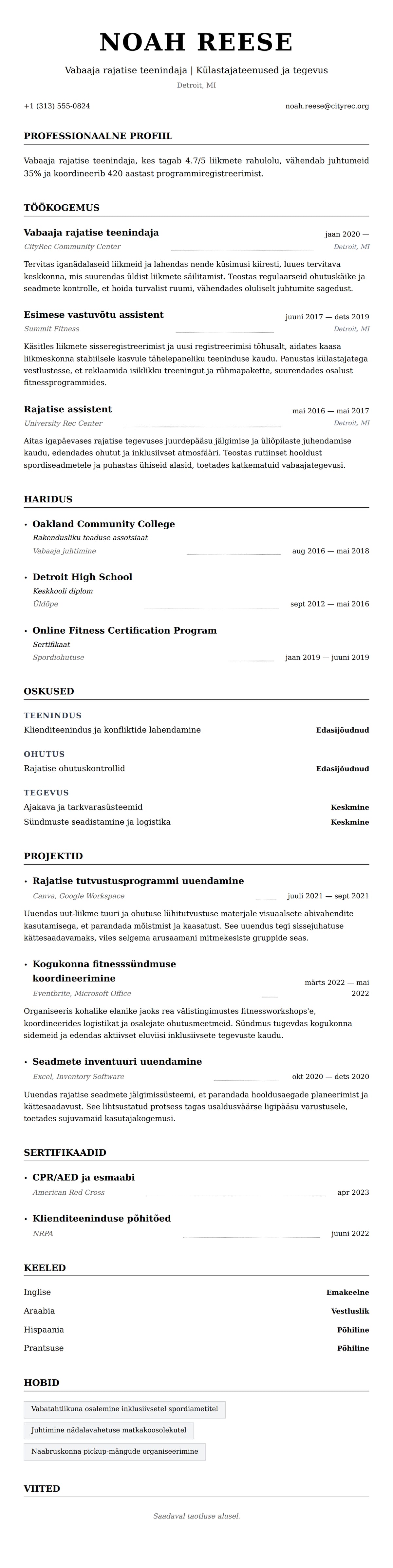CV eelvaade Vabaaja rajatise teenindaja CV näide jaoks