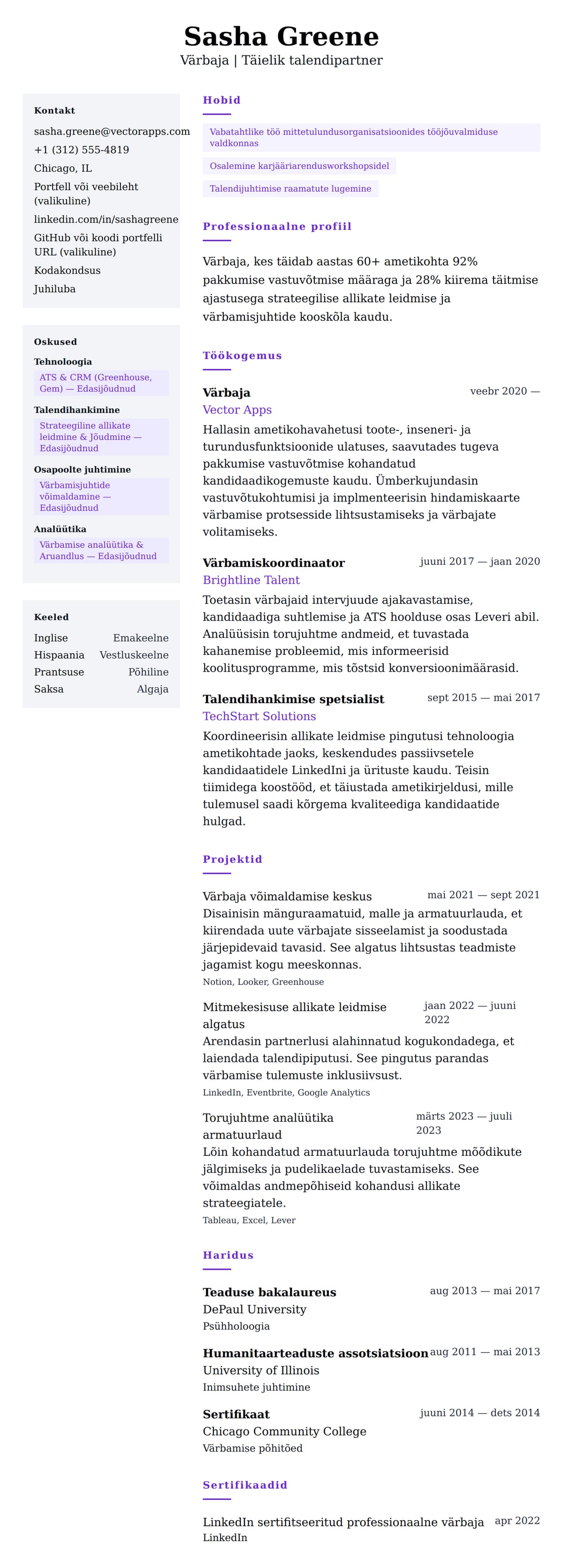 CV eelvaade Värbaja CV näidis jaoks