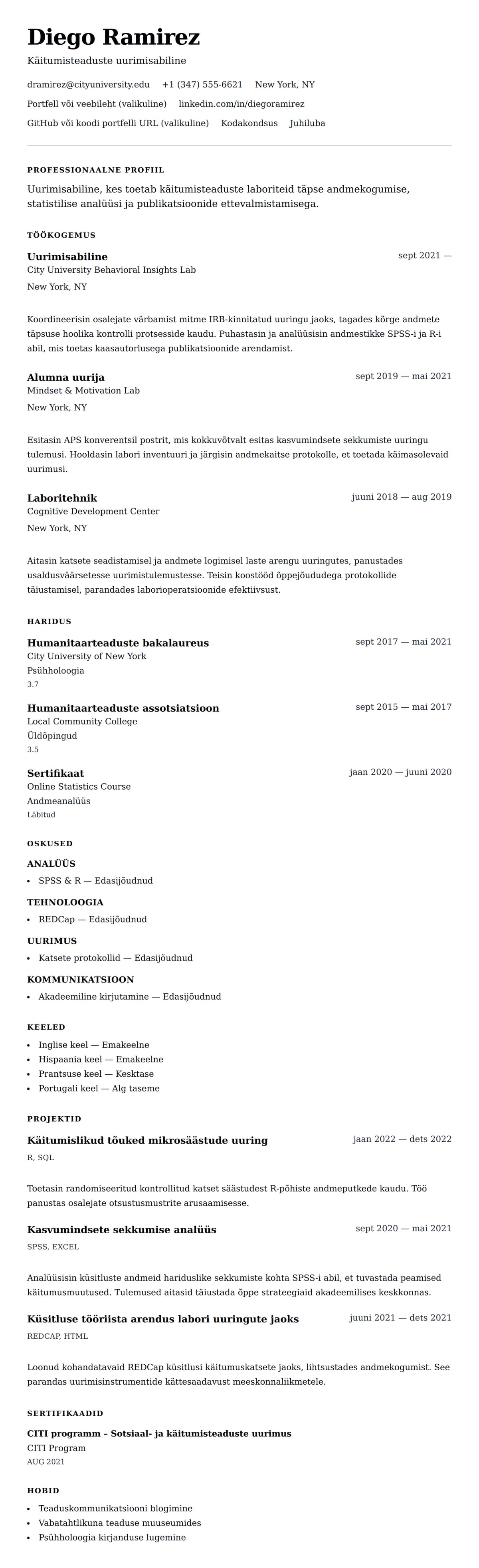 CV eelvaade Uurimisabilise CV näidis jaoks