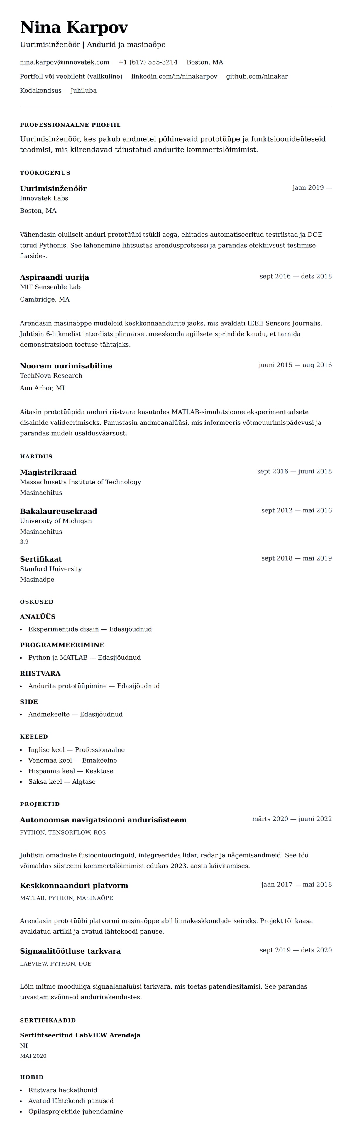 CV eelvaade Uurimisinženööri CV näidis jaoks
