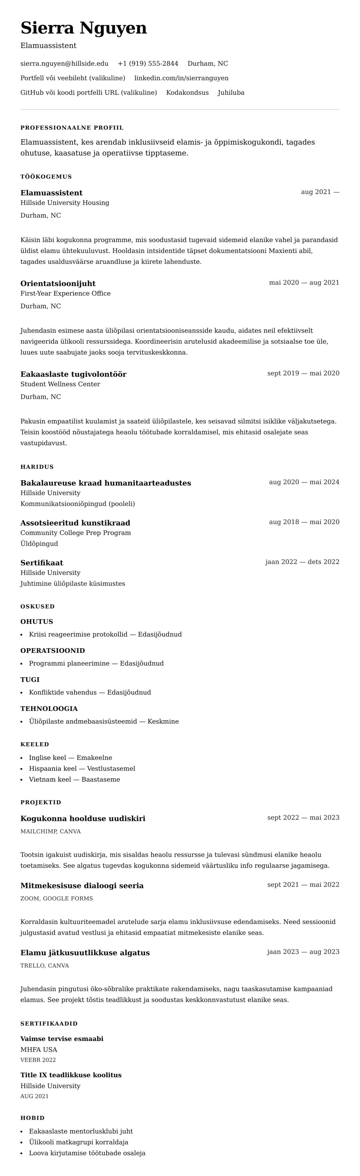 CV eelvaade Elamuassistendi CV näidis jaoks