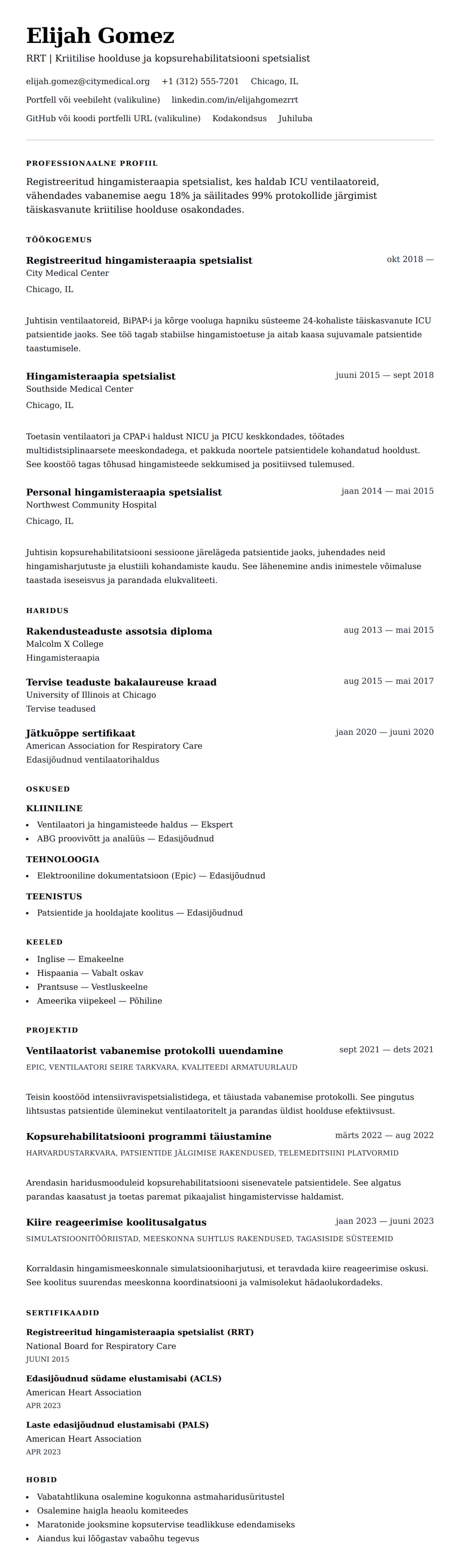 CV eelvaade Näidis CV hingamisteraapia spetsialistile jaoks