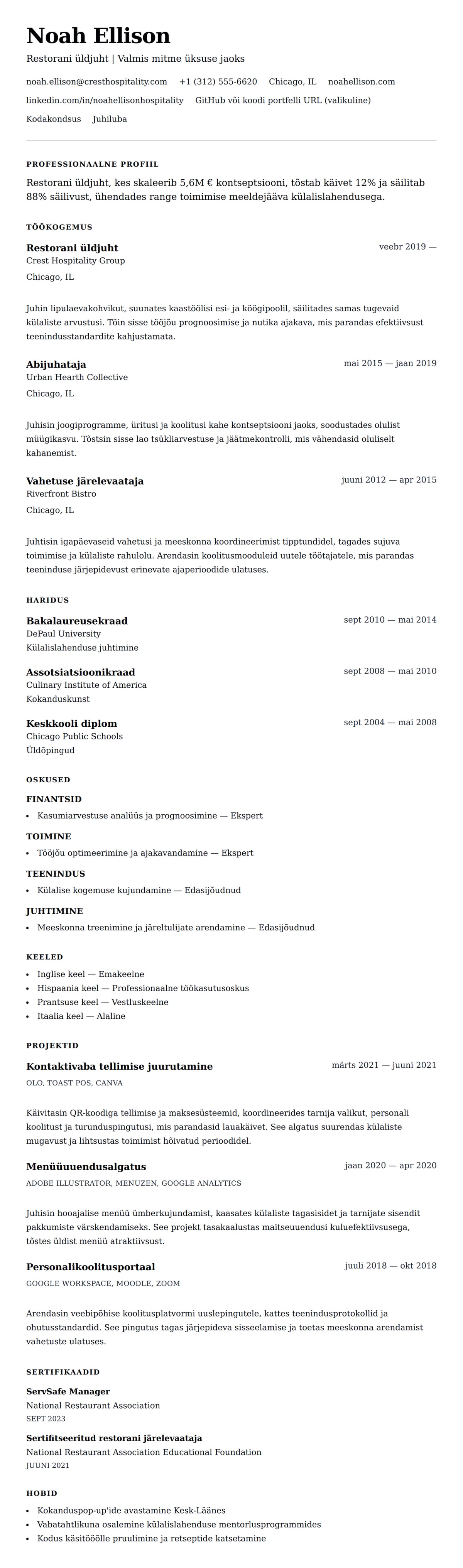 CV eelvaade Restorani juhataja CV näidis jaoks
