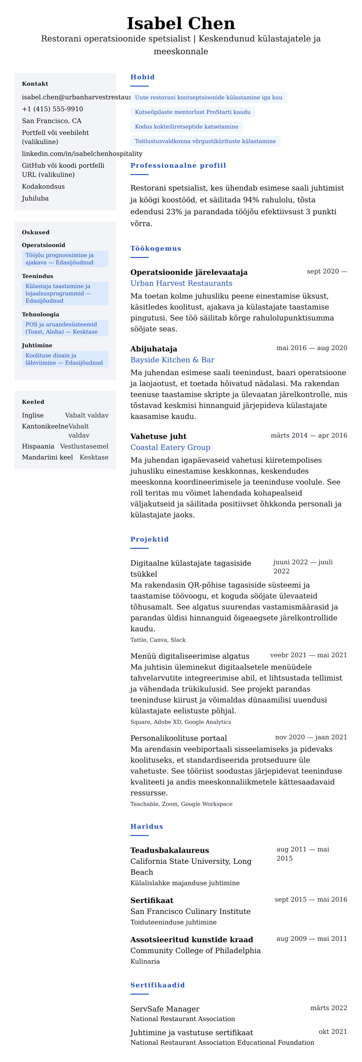 CV eelvaade Restorani spetsialisti CV näide jaoks
