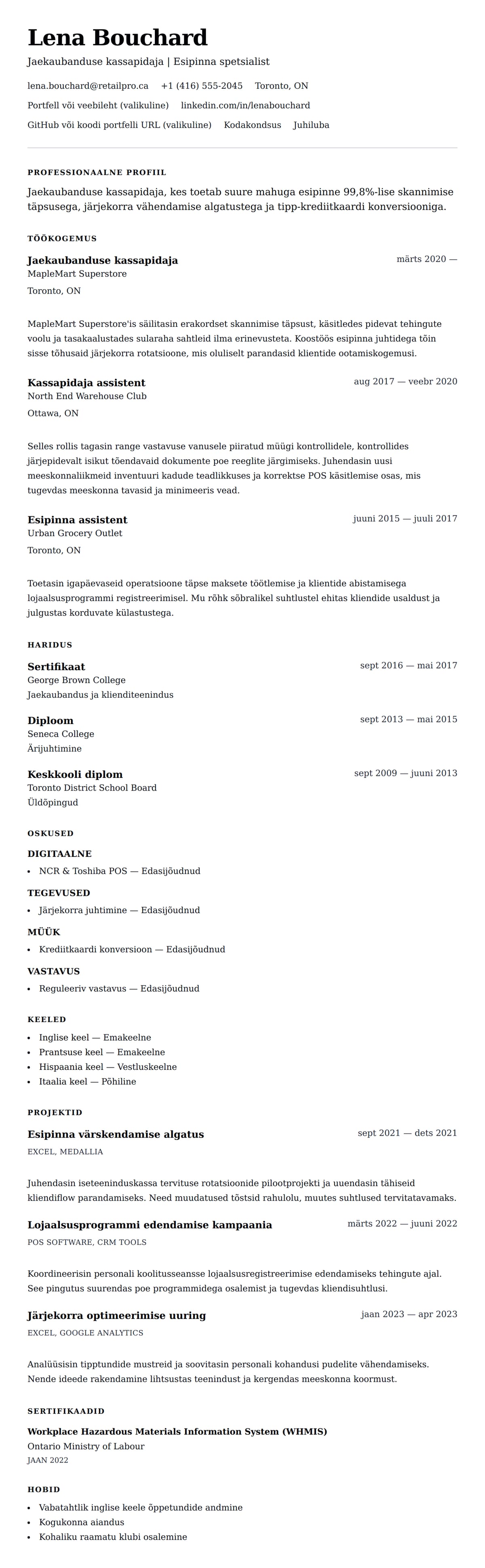 CV eelvaade Jaekaubanduse kassapidaja CV näide jaoks