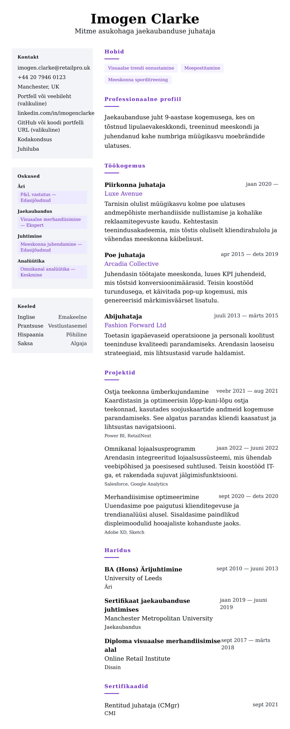 CV eelvaade Jaekaubanduse juhataja CV näidis jaoks