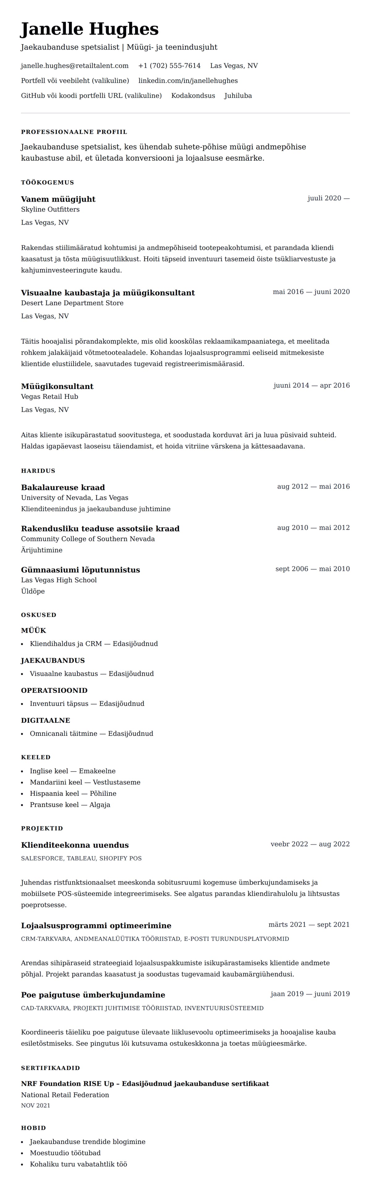 CV eelvaade Jaekaubanduse spetsialisti CV näide jaoks