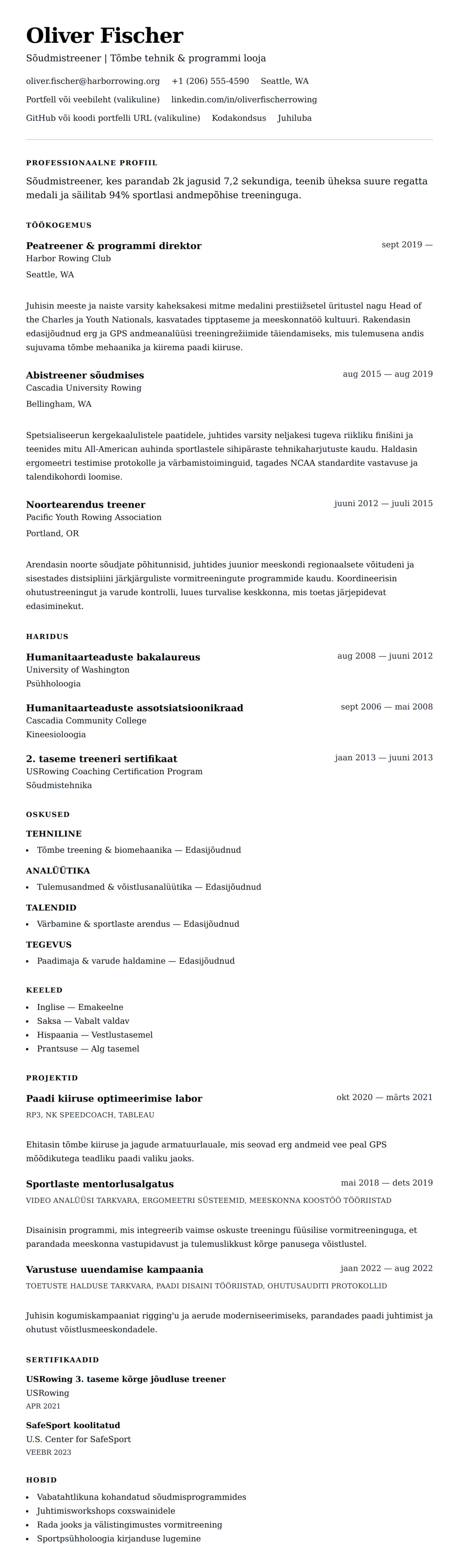 CV eelvaade Sõudmistreeneri CV näidis jaoks