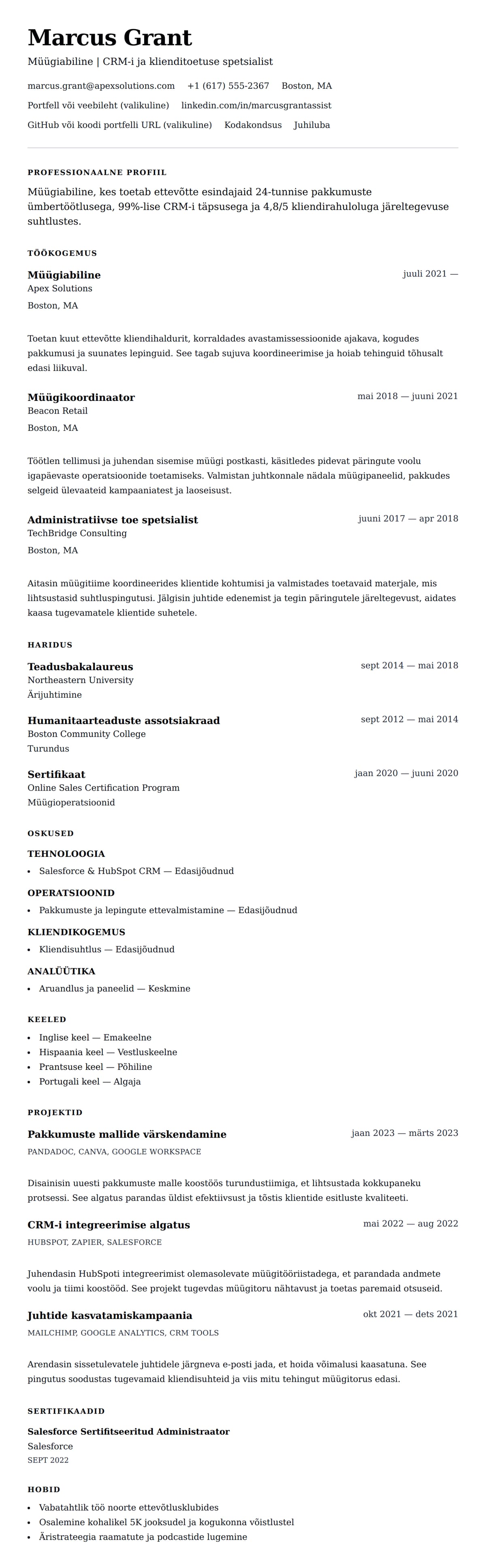 CV eelvaade Müügiabilise CV näidis jaoks