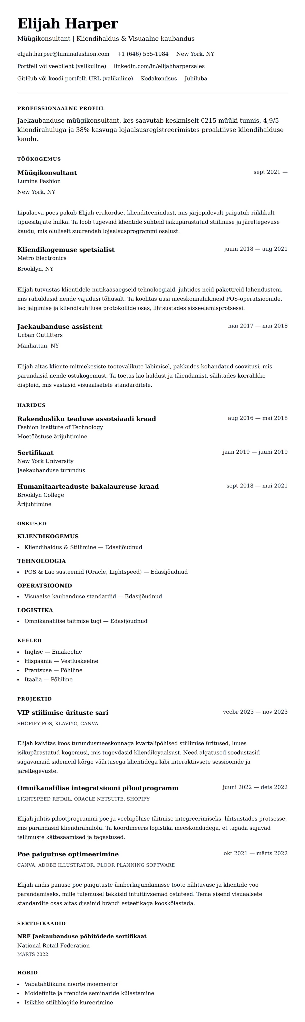 CV eelvaade Müügikonsultandi CV näidis jaoks