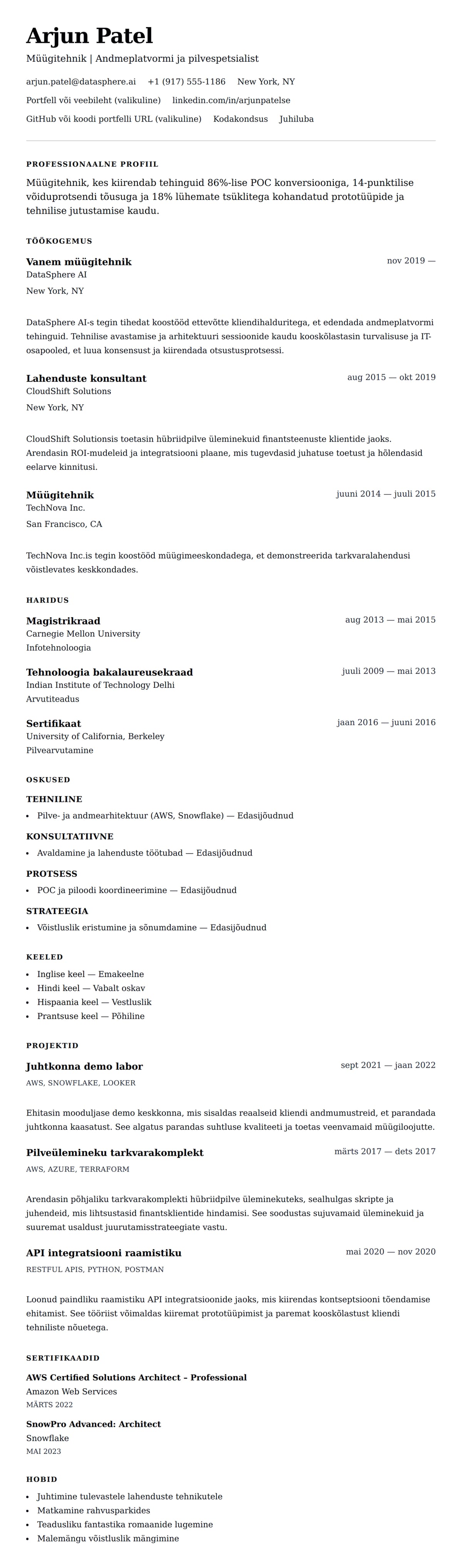 CV eelvaade Müügitehniku CV näidis jaoks