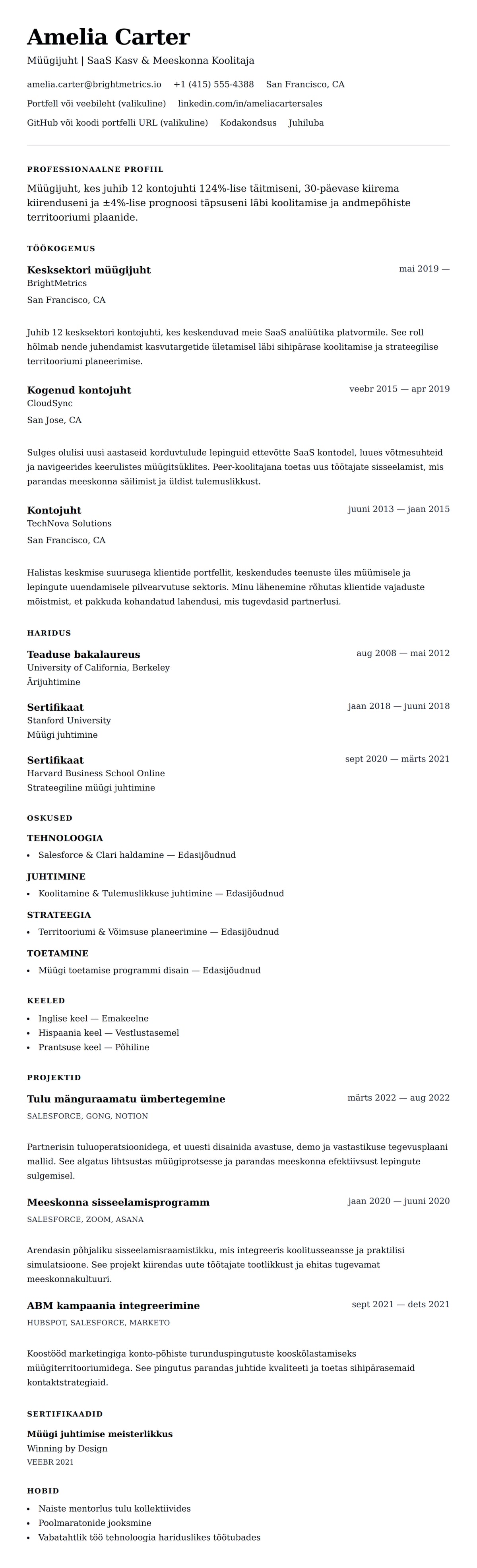 CV eelvaade Müügijuhi CV näide jaoks