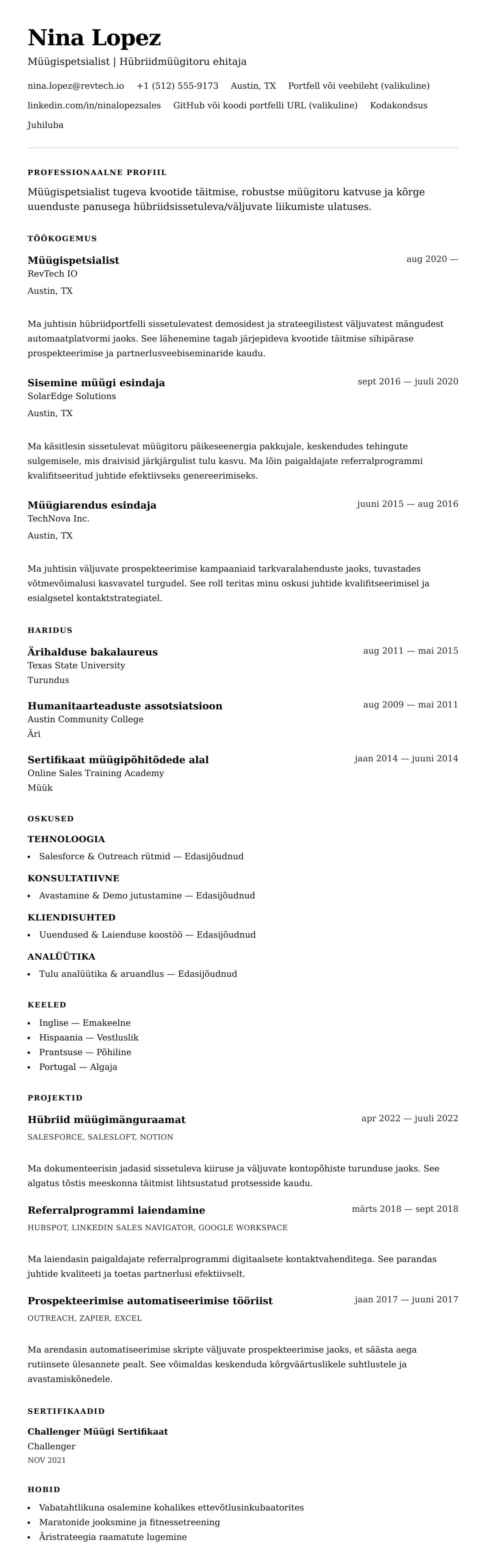 CV eelvaade Müügispetsialisti CV näide jaoks