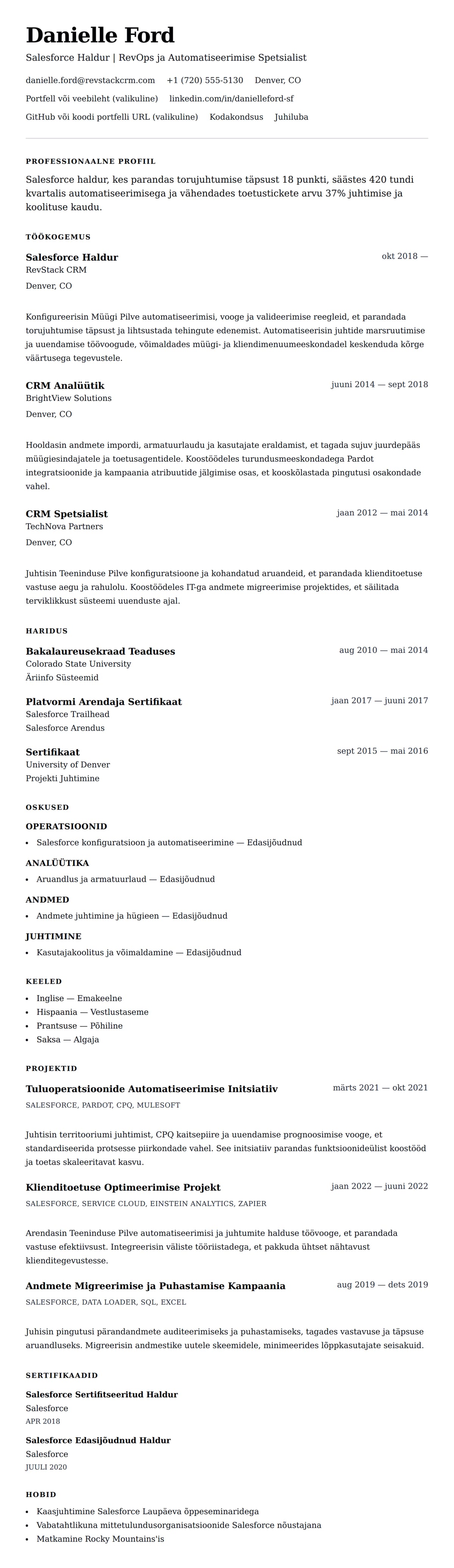 CV eelvaade Salesforce Halduri CV Näide jaoks