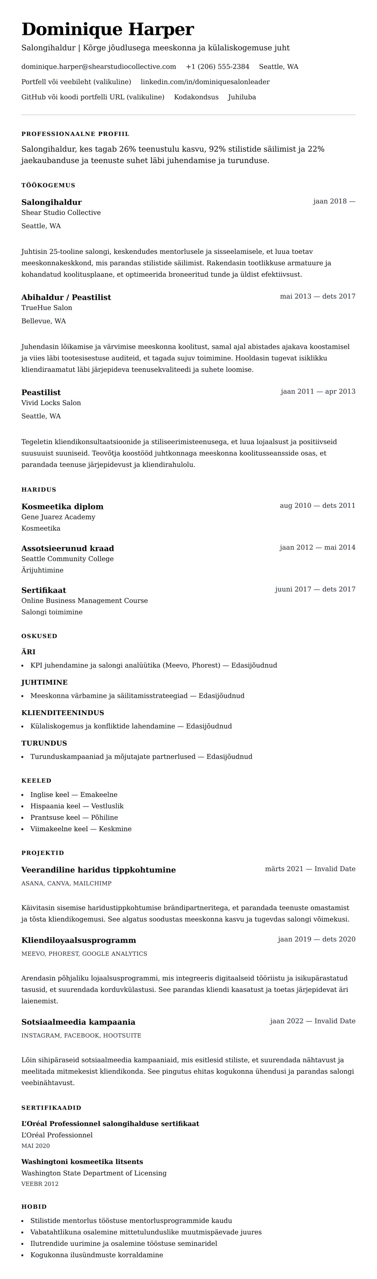 CV eelvaade Salongihalduri CV näidis jaoks