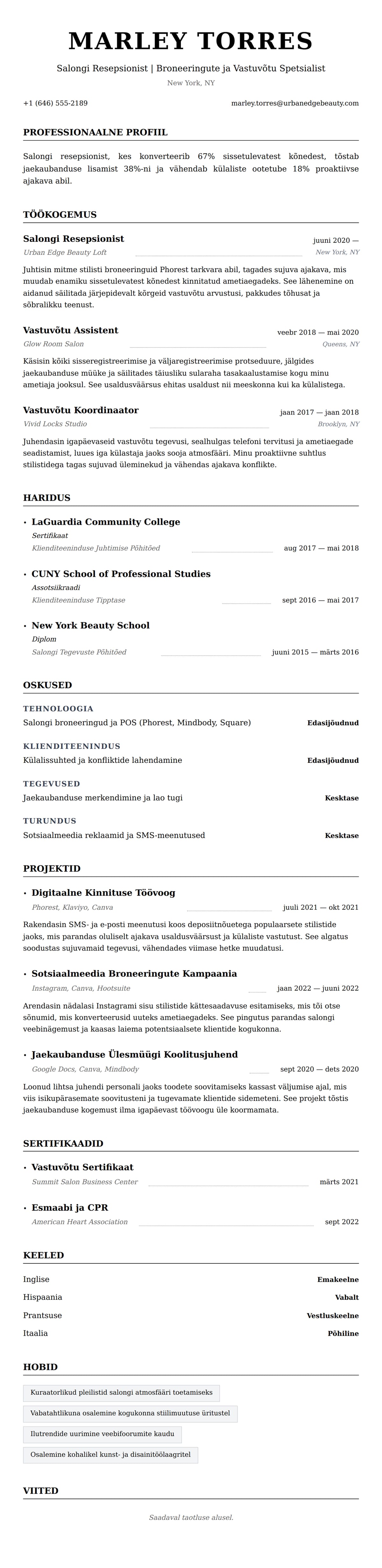 CV eelvaade Salongi Resepsionisti CV Näidis jaoks