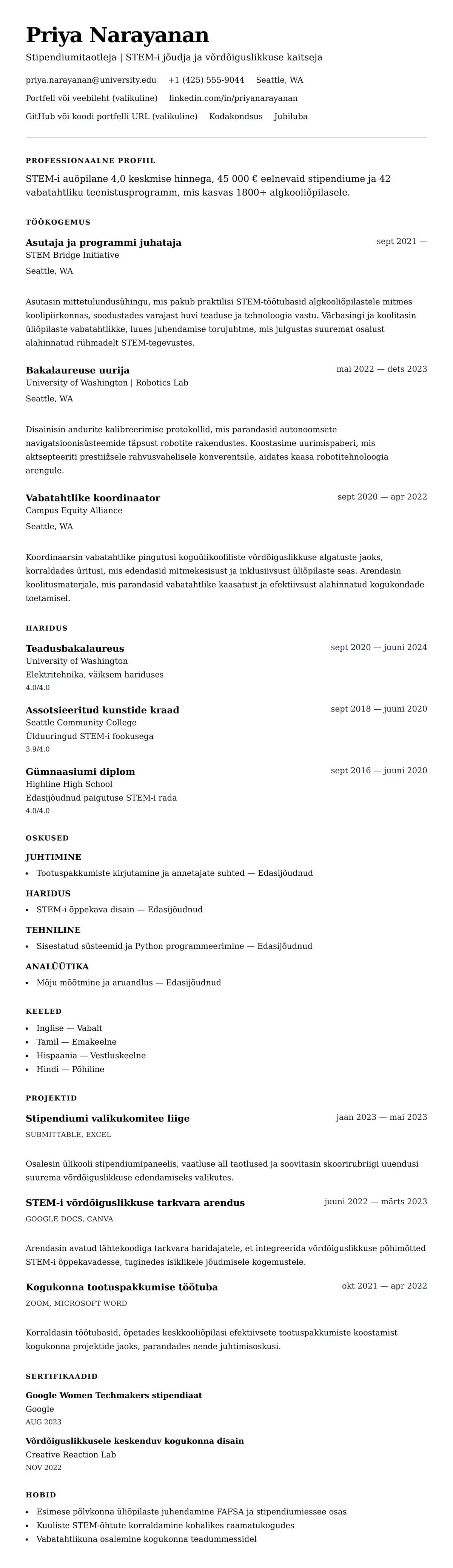 CV eelvaade Stipendiumi CV näidis jaoks