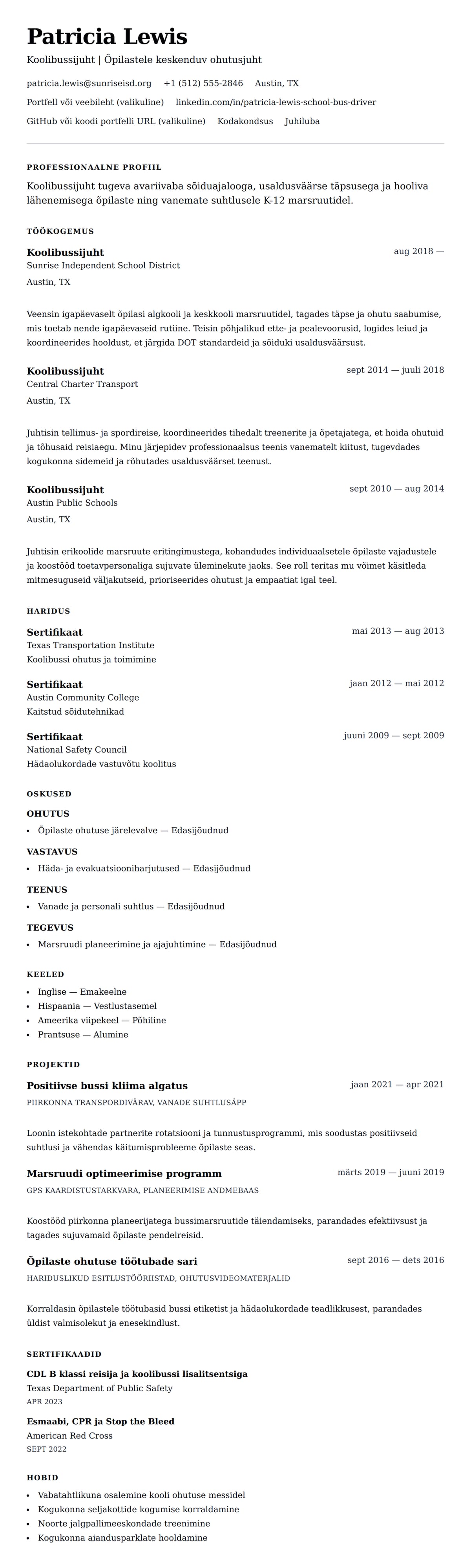 CV eelvaade Koolibussijuhi CV näidis jaoks