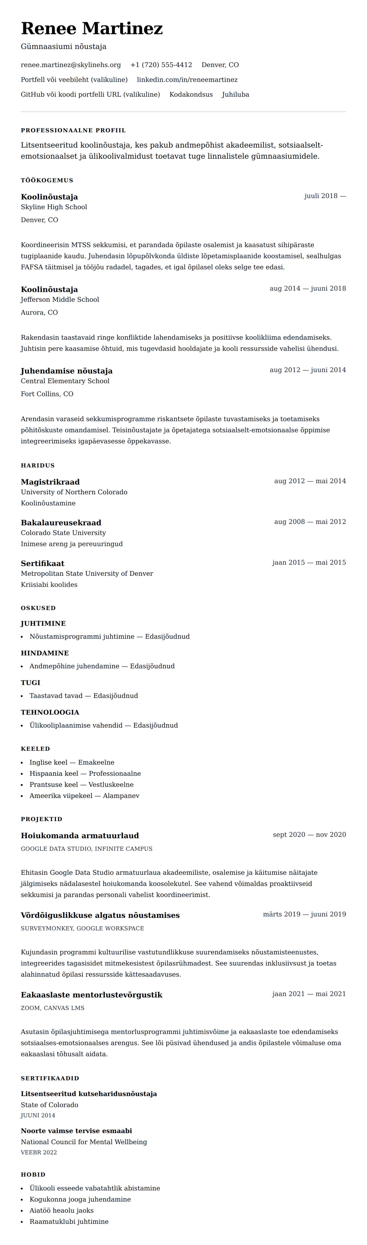 CV eelvaade Koolinõustaja CV näide jaoks