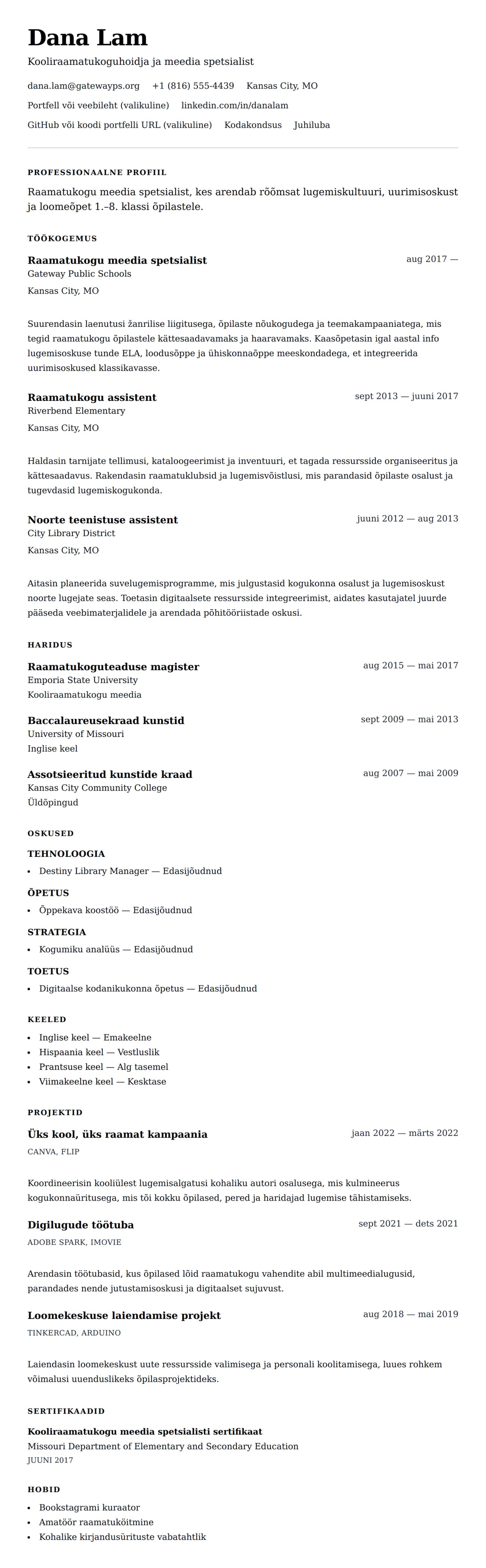 CV eelvaade Raamatukoguhoidja CV näide jaoks