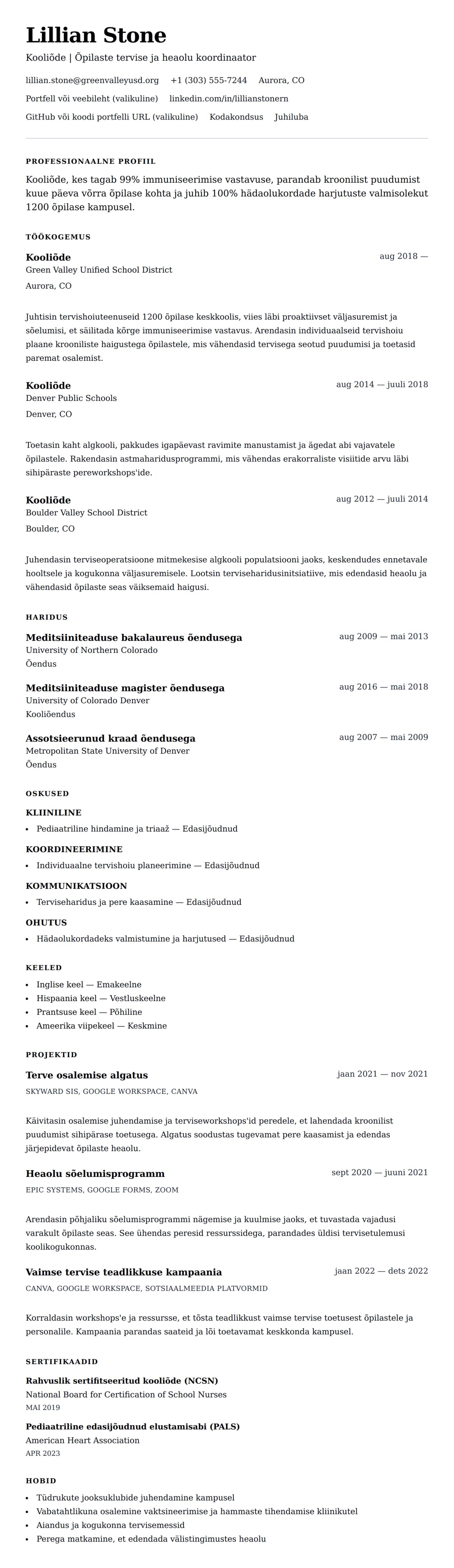 CV eelvaade Kooliõe CV näide jaoks