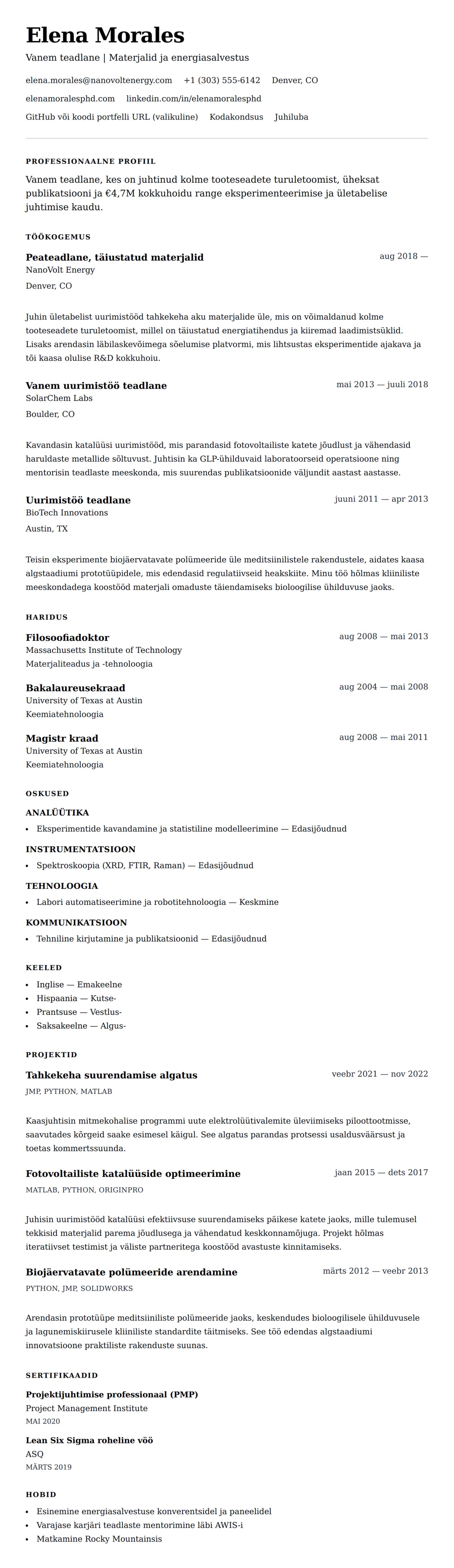 CV eelvaade Teadlase CV näide jaoks