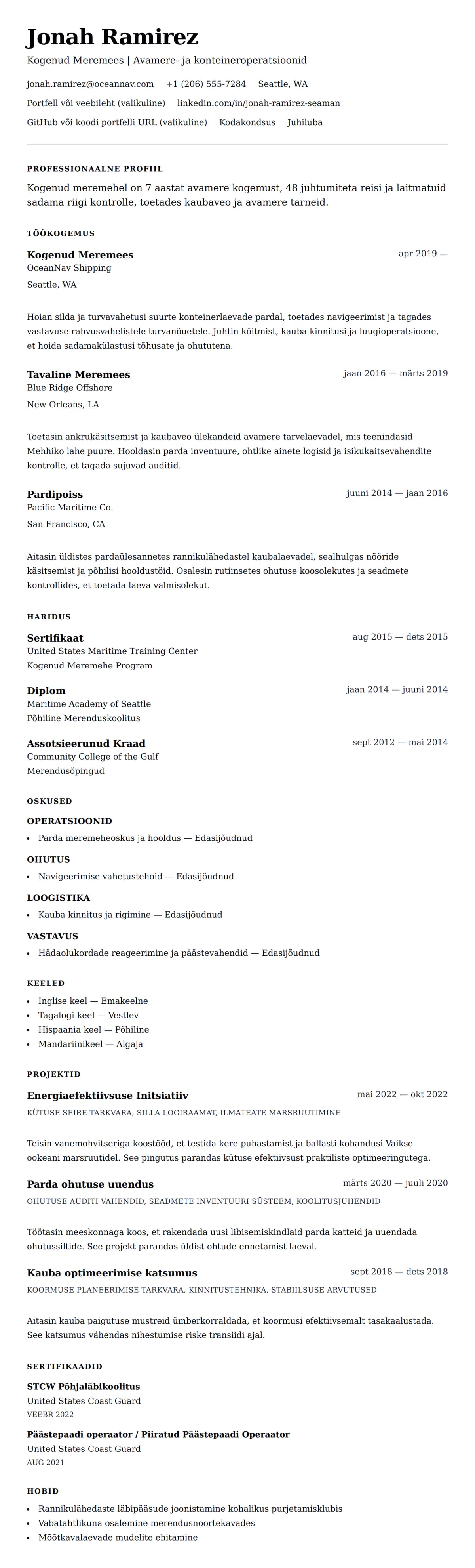 CV eelvaade Meremehe CV näide jaoks