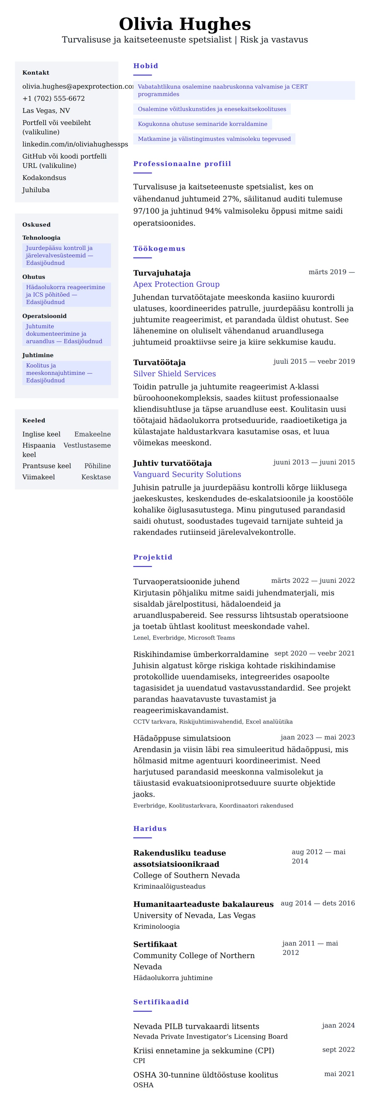 CV eelvaade Turvalisuse ja kaitseteenuste spetsialisti CV näide jaoks