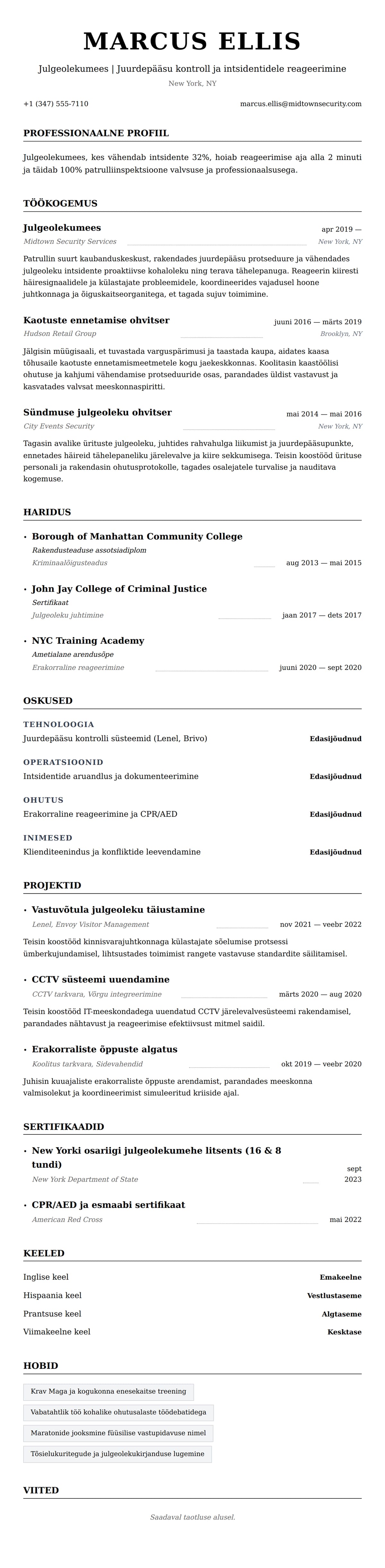 CV eelvaade Julgeolekumehe CV näidis jaoks