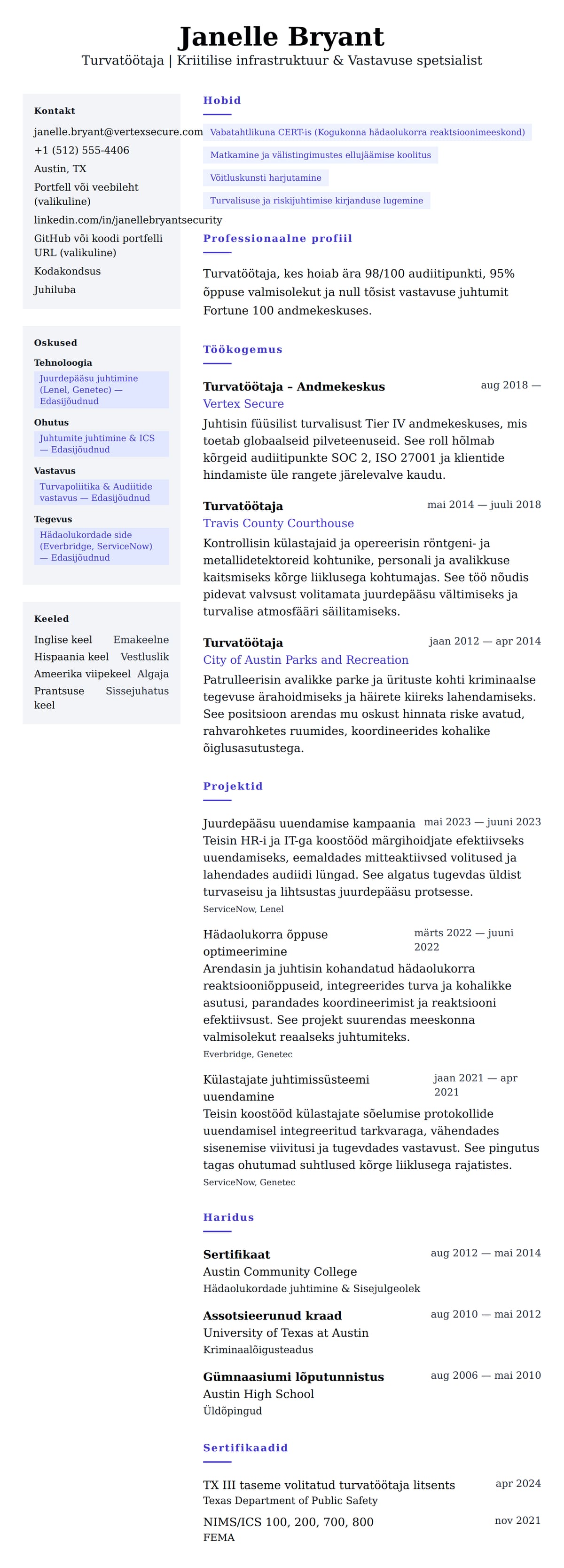 CV eelvaade Turvatöötaja CV näidis jaoks