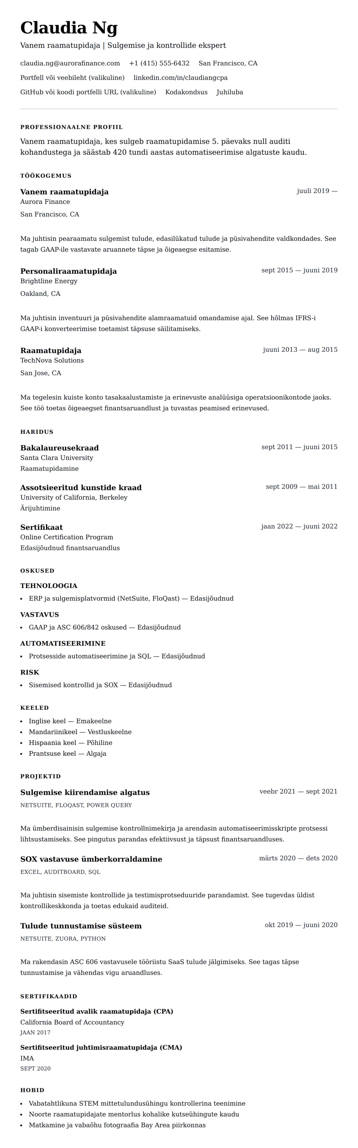 CV eelvaade Vanem raamatupidaja CV näide jaoks