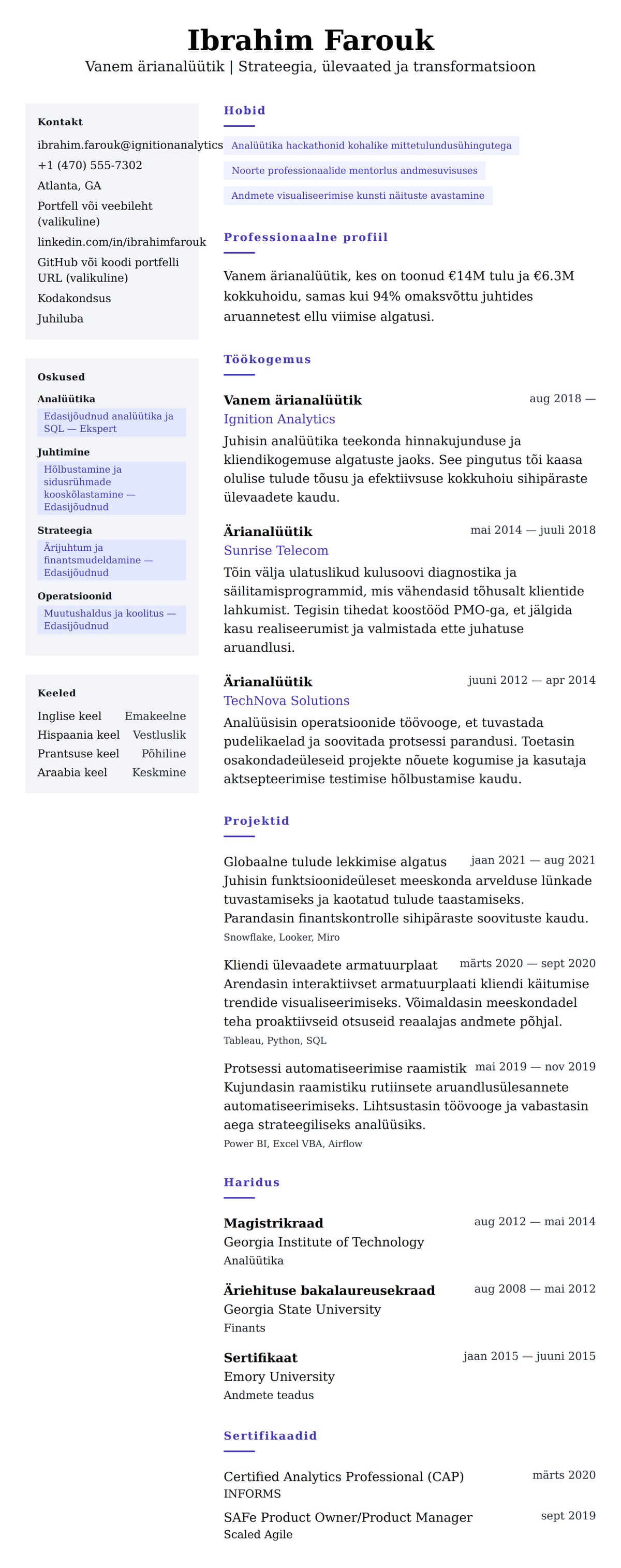 CV eelvaade Vanem ärianalüütiku CV näidis jaoks