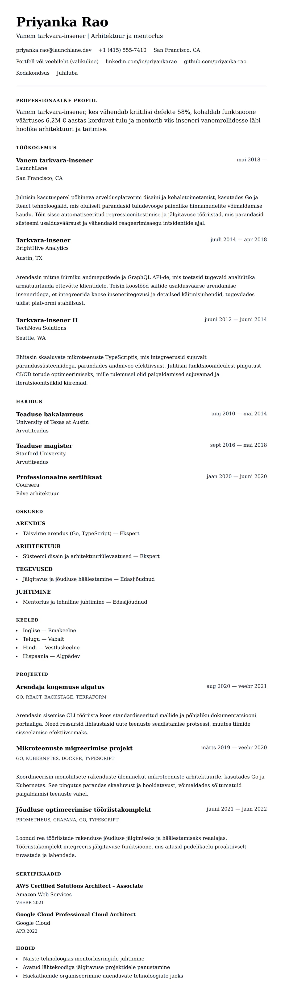 CV eelvaade Vanem tarkvara-inseneri CV näidis jaoks