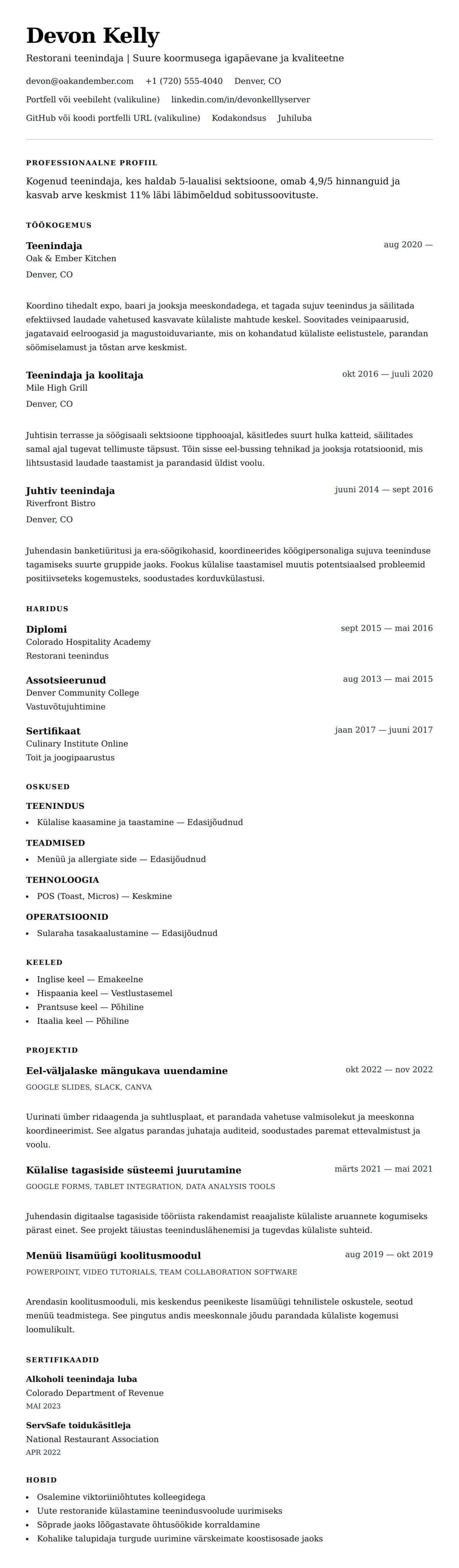 CV eelvaade Teenindaja CV näidis jaoks