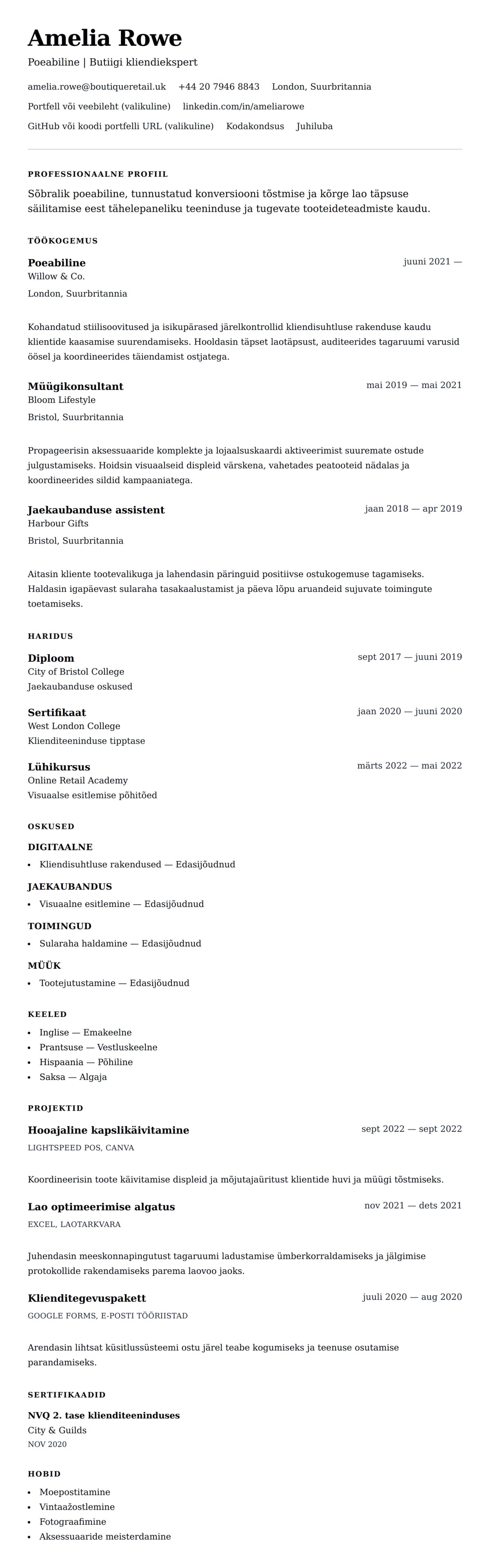 CV eelvaade Poeabilise CV näidis jaoks