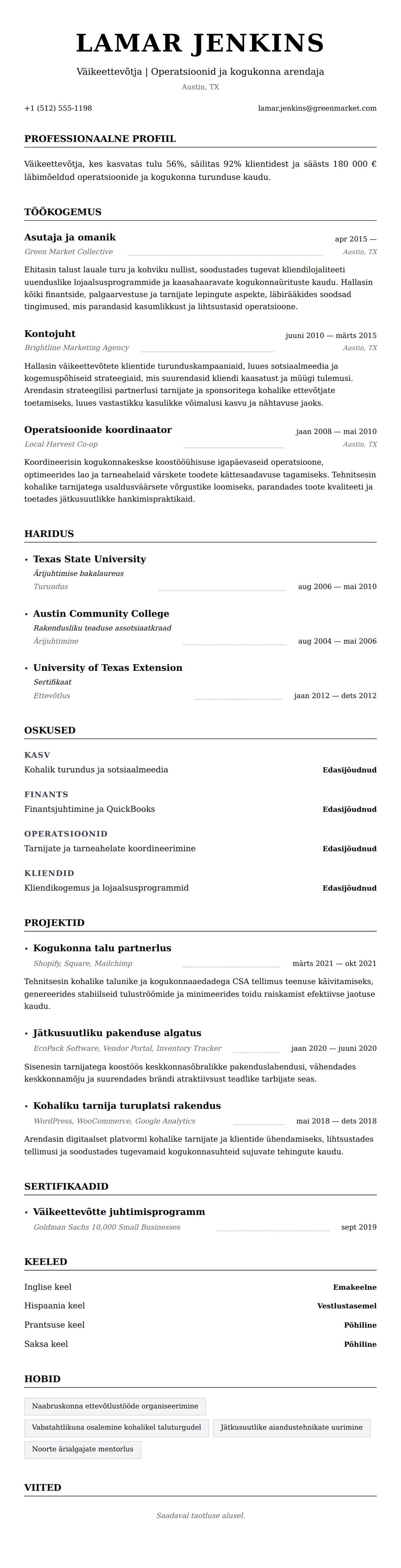 CV eelvaade Väikeettevõtja CV näidis jaoks