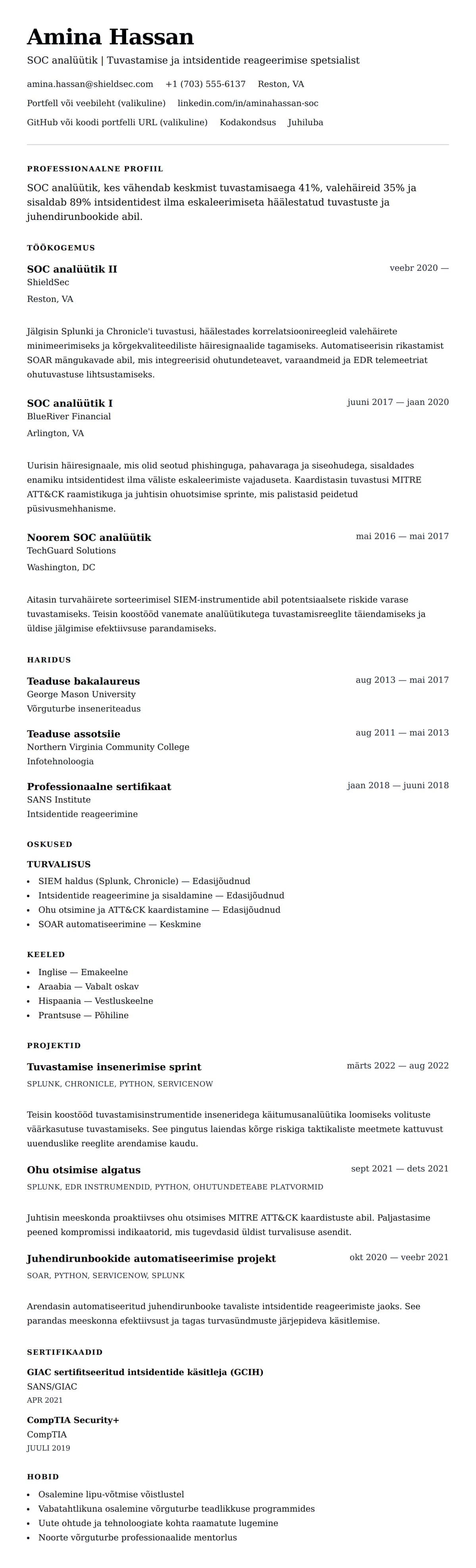 CV eelvaade SOC analüütiku CV näide jaoks